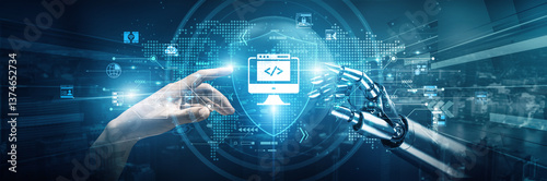 Hands of robot and human touch on web development enhance collaboration in coding design and testing. Robotics supports automation adaptability and efficiency, while humans drive creativity innovation