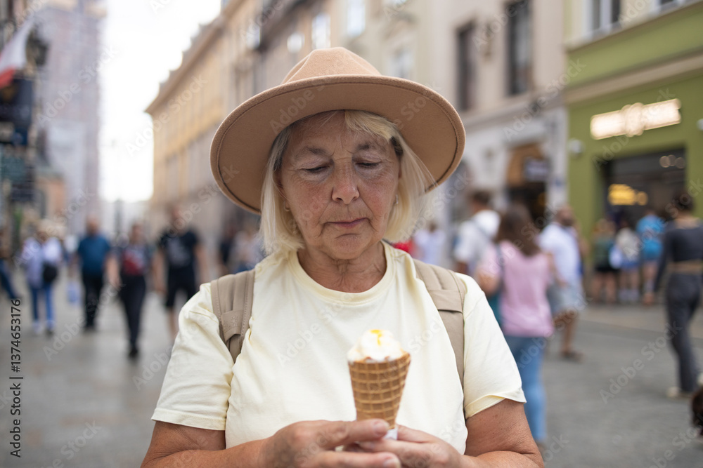 50s senior woman stands on a city street, holding an ice cream cone. She enjoys the treat while the hustle and bustle of the city surrounds her. A moment of joy in the urban setting
