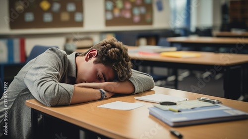 Fatigued high school student snoozing on a messy desk in a well lit classroom, surrounded by school materials and distractions