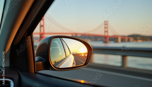 Car side mirror reflecting sunset over iconic bridge  