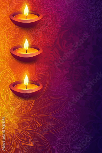 Tranquil Diwali celebration with glowing diyas on floral gradient vector background and copy space