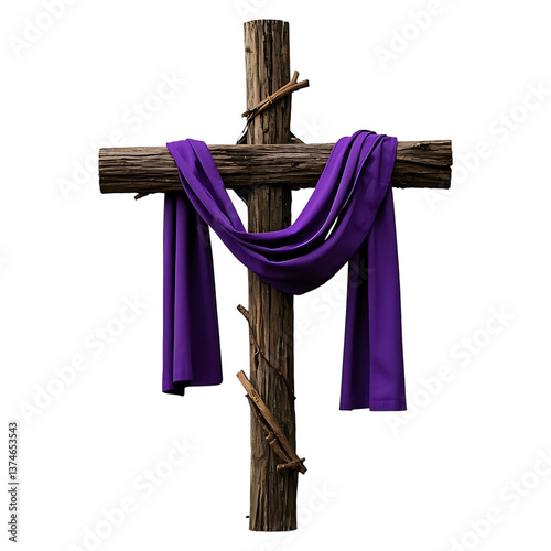 A rustic wooden cross draped with purple cloth against a stark black background in a somber setting