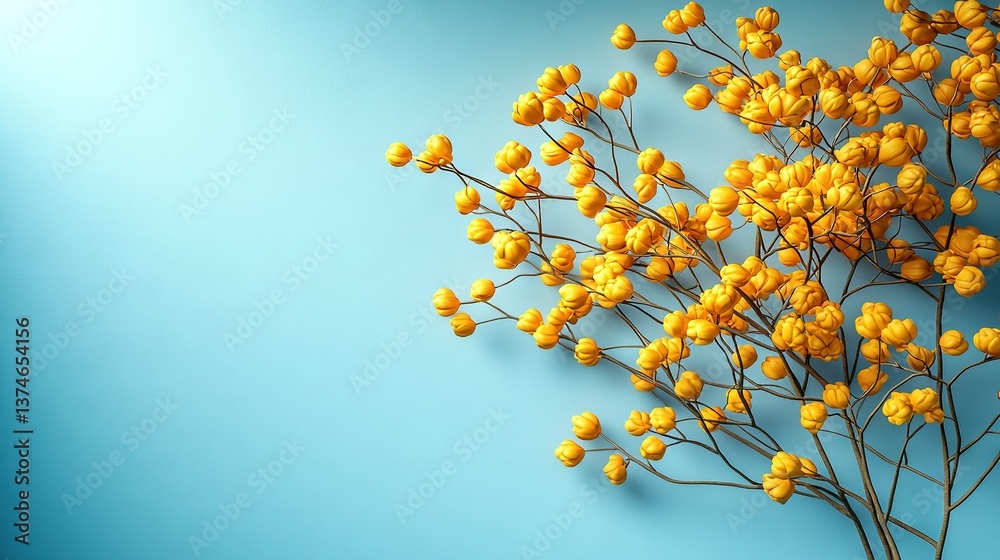 A group of bright yellow flowers resting atop a blue countertop alongside a vase brimming with vibrant yellows A group of bright yellow flowers resting atop a blue countertop alongside a vase brimming with vibrant yellows
