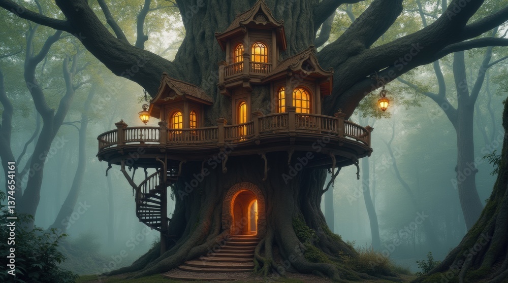 Fototapeta premium A breathtaking fantasy treehouse with spiral staircases and glowing windows, built into a giant tree, surrounded by misty forest scenery for a magical effect.