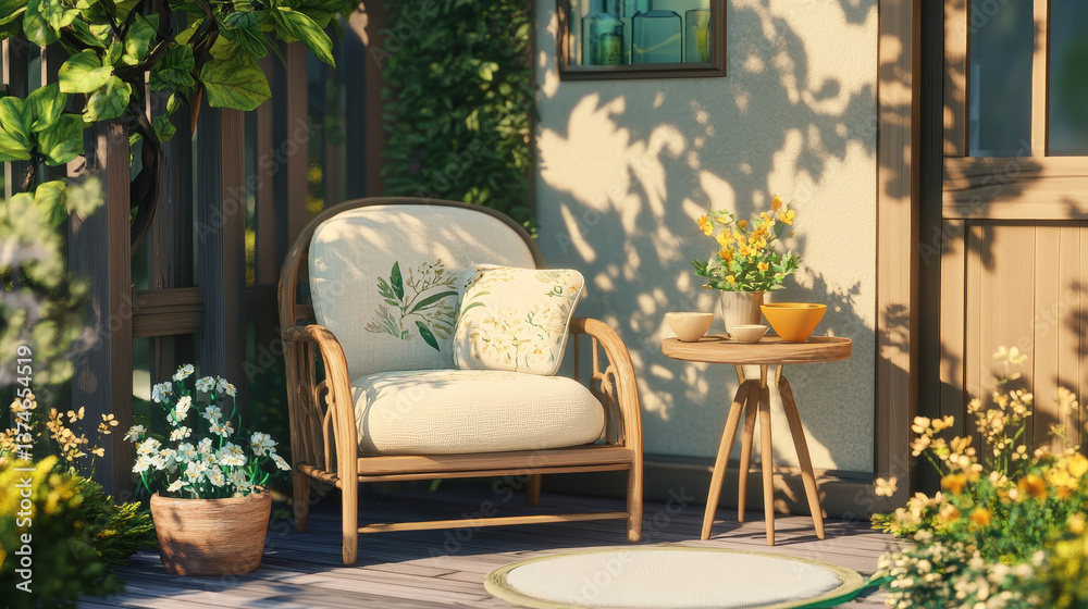 Fototapeta premium A cozy corner featuring a modern-shaped armchair, a decorative cushion, a side table with ceramics, and natural light streaming through the curtains.