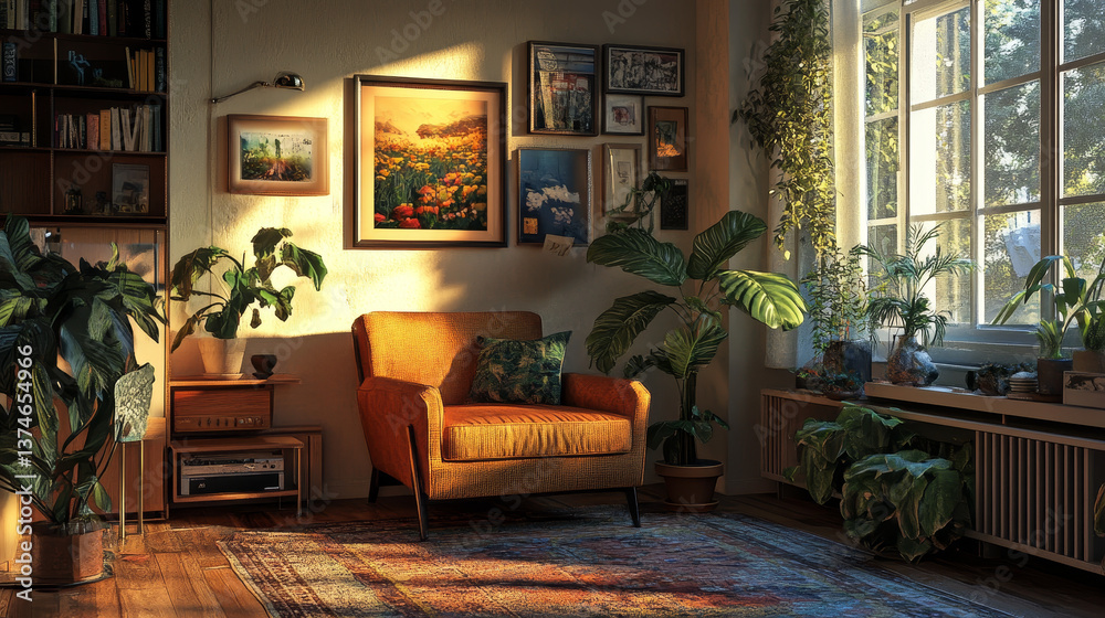 Fototapeta premium Contemporary lounge with a plush armchair, abstract art, and fresh greenery. A perfect spot for quiet moments. Home decor.