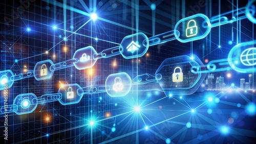 A digital representation of blockchain technology in a financial business environment