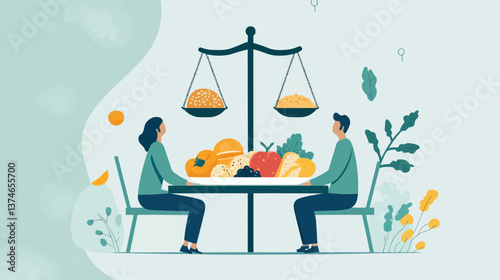 illustration of a person choosing between healthy and unhealthy foods, with an unbalanced scale overhead symbolizing slow metabolism
