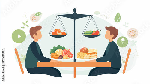 illustration of a person choosing between healthy and unhealthy foods, with an unbalanced scale overhead symbolizing slow metabolism