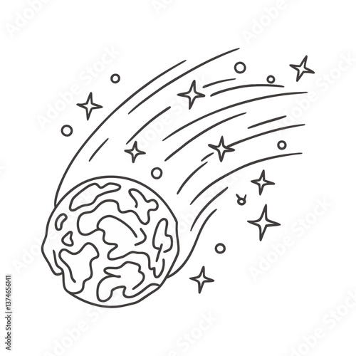 Vector illustration of a textured asteroid streaking through space with stars and motion lines in a clean linear design.