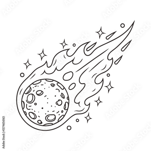 Vector illustration of a flaming meteor soaring through space with cratered surface and sparkling stars in a bold linear style.