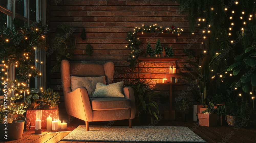 Naklejka premium Festive seating nook with a cozy chair, adorned with holiday decor, candles, and a touch of greenery. Perfect for a warm, inviting Christmas setting.