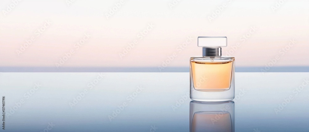 Photograph of a perfume bottle on a reflective surface. the bottle is made of clear glass and has a silver cap. the liquid inside the bottle is a light orange color. Photograph of a perfume bottle on a reflective surface. the bottle is made of clear glass and has a silver cap. the liquid inside the bottle is a light orange color.