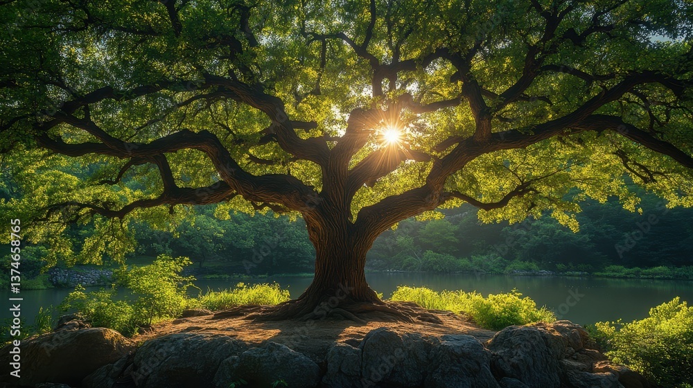 Fototapeta premium Beneath the Radiant Glow of a Banzai Tree, Nature Flourishes in Serene Harmony with the Surroundings