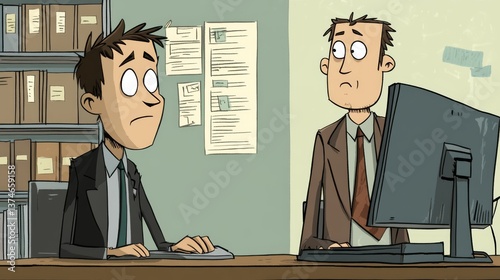 Business professional supervising office worker at computer desk – cartoon illustration of corporate workplace collaboration