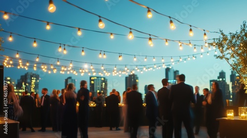 Charming rooftop celebration at sunset with guests dancing beneath string lights and lanterns