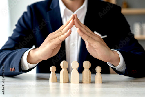 A businessman examines wooden figures on a table, representing a strategic discussion about teamwork and leadership