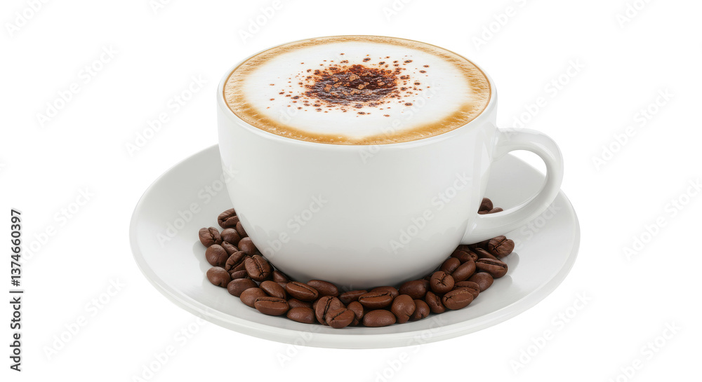 A white cup of cappuccino with chocolate sprinkles and coffee beans on a white saucer isolated A white cup of cappuccino with chocolate sprinkles and coffee beans on a white saucer isolated