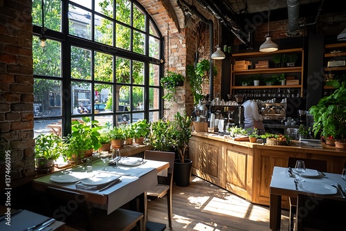 Sunny cafe with brick walls, and plants. photo
