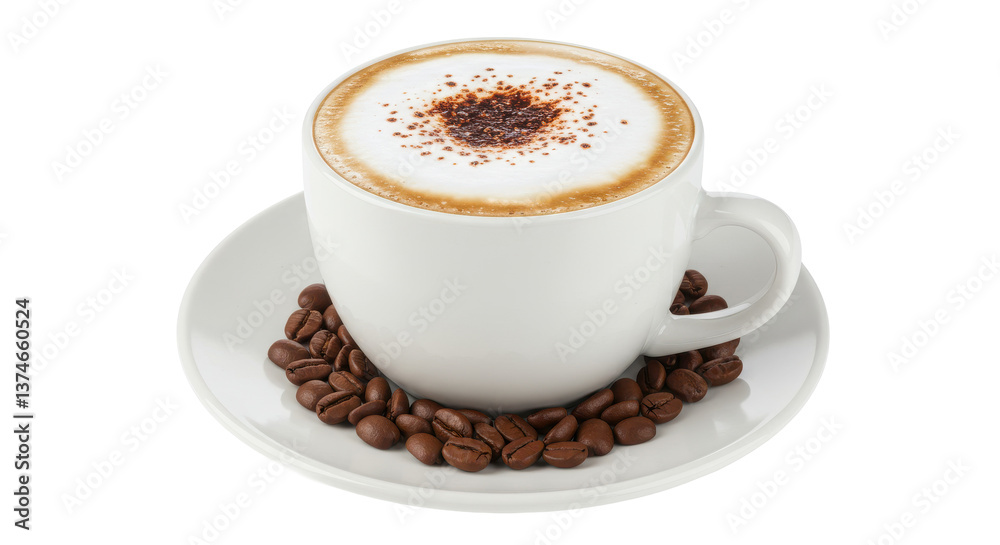 A cappuccino with chocolate sprinkles on the foam and coffee beans on the saucer isolated on white A cappuccino with chocolate sprinkles on the foam and coffee beans on the saucer isolated on white