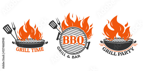BBQ icon or logo set. BBQ, barbecue signs or emblems with fire flame. Meat restaurant label. Vector illustration.