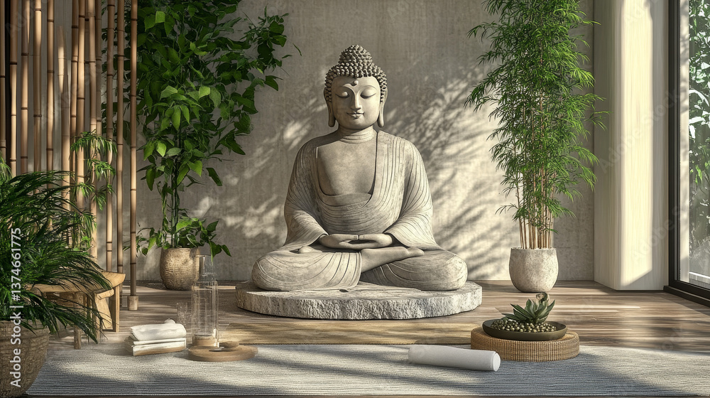 Yoga and relaxation room with a large Buddha sculpture, bamboo plants, and meditation props. Neutral tones and natural textures enhance the serene atmosphere. Yoga and relaxation room with a large Buddha sculpture, bamboo plants, and meditation props. Neutral tones and natural textures enhance the serene atmosphere.