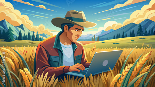 clos up Farmer in field of grass, inspecting crops with laptop. Bridger, Montana, USA