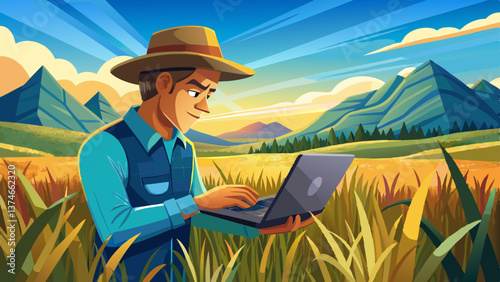 clos up Farmer in field of grass, inspecting crops with laptop. Bridger, Montana, USA