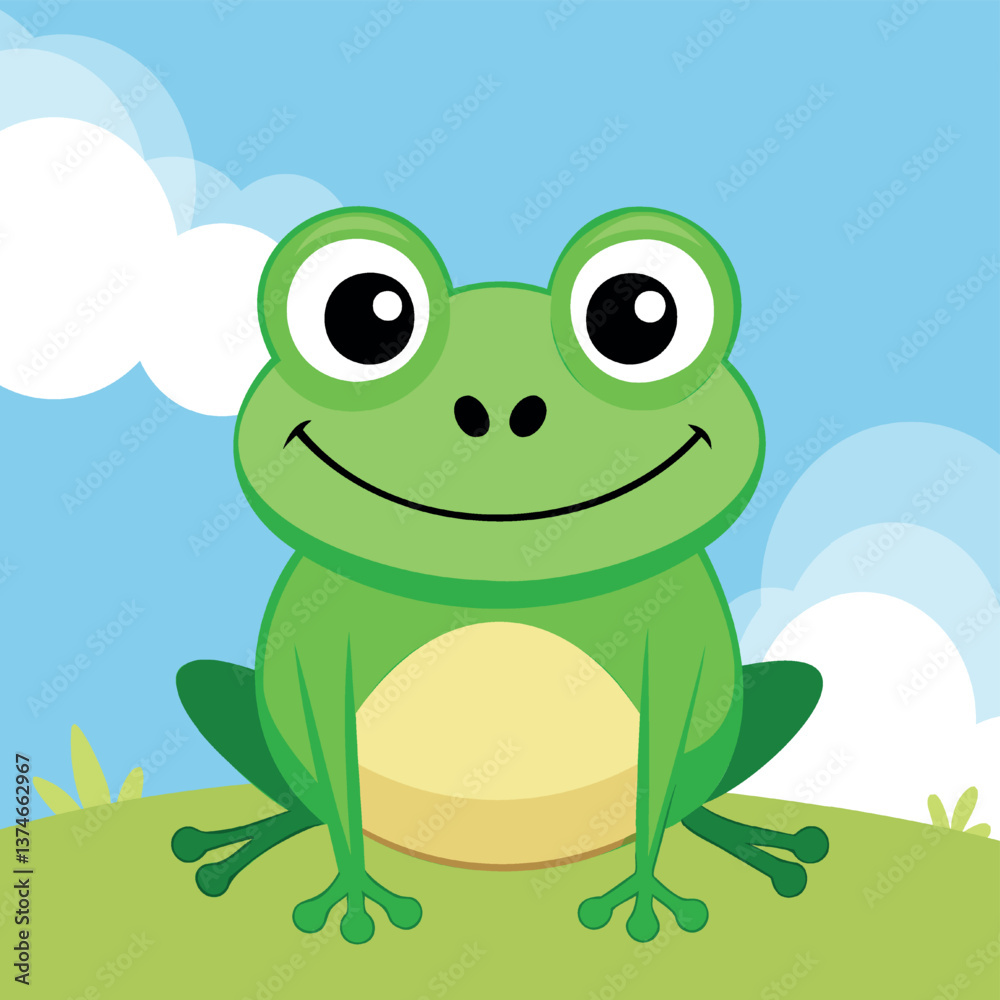 Naklejka premium Cute and funny Frog. Baby frog sitting. Vector illustration of green frog character design with flat color. Can be used for design of t-shirts, posters and Baby Shower party and characters.