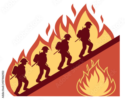 Silhouette of three firefighters walking through flames on an upward path.
