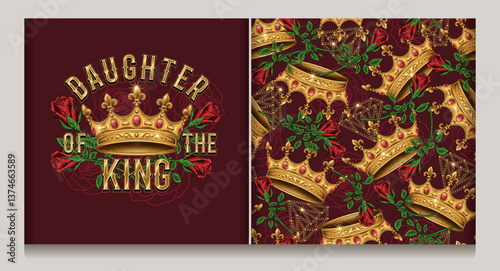 Vintage label, seamless pattern with medieval golden crown, red roses. Luxury kitsch style. Dark red background
