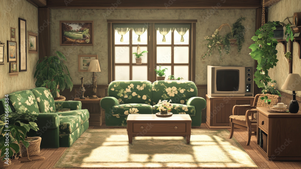 Fototapeta premium A spacious living room with natural accents in green and beige. Comfortable furniture and carefully chosen decor create a harmonious, calming space.