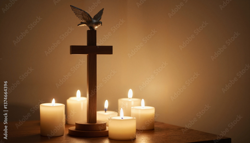 Naklejka premium Peaceful funeral cross with dove sculpture and candles, symbolic serenity