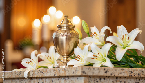Elegant funeral urn with white lilies on memorial altar, remembrance