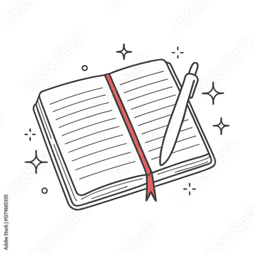 Open notebook with pen vector featuring lined pages, red bookmark, and sparkles in a clean, minimal black-and-white style.