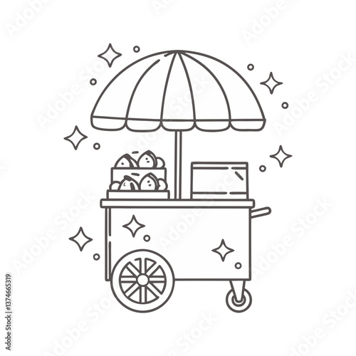 Ice cream cart vector with umbrella, sparkles, and dessert display, illustrated in a clean, minimal black-and-white style.