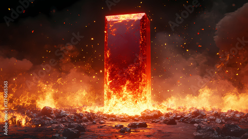 Glowing crimson monolith amidst infernal debris and flames. Infernal Monolith. Illustration