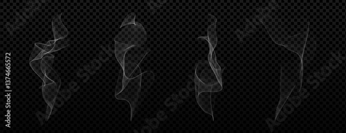 Wavy smoke effect, realistic vector set. White cloudy fog or vapor isolated on transparent background. 3D vector illustration of misty fumes, soft flowing haze or gentle steam waves.
