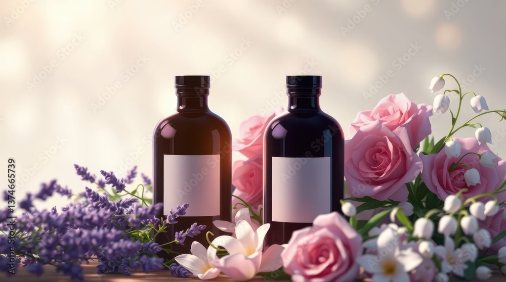 Close Up of Two Black Bottle Mock-Up Surrounded by Flowers, Roses, Lavender, and Lily of the Valley Mockup Close Up of Two Black Bottle Mock-Up Surrounded by Flowers, Roses, Lavender, and Lily of the Valley Mockup