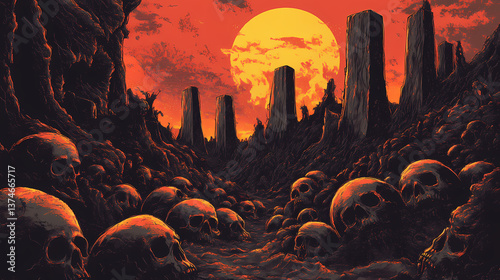 Infernal valley of skulls: a fiery, volcanic landscape strewn with skulls, ominous monoliths glowing. Infernal Monolith. Illustration