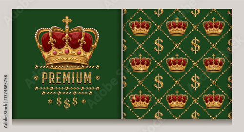 Label, diagonal cross line square grid pattern with imperial golden crown, dollar sign, jewelry chains. Green background. Vintage style.