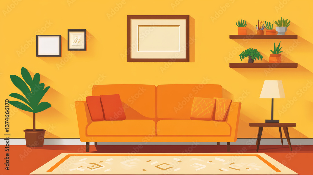 Fototapeta premium Warm and cozy composition of living room interior with mock up poster frame, modular sofa, wooden coffee table, round rug, beige wall, modern rack and personal accessories. Home decor. Template.