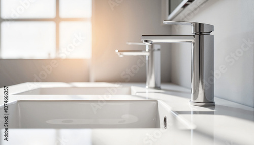 Shiny faucet and countertop reflection in modern bathroom, minimalism photo