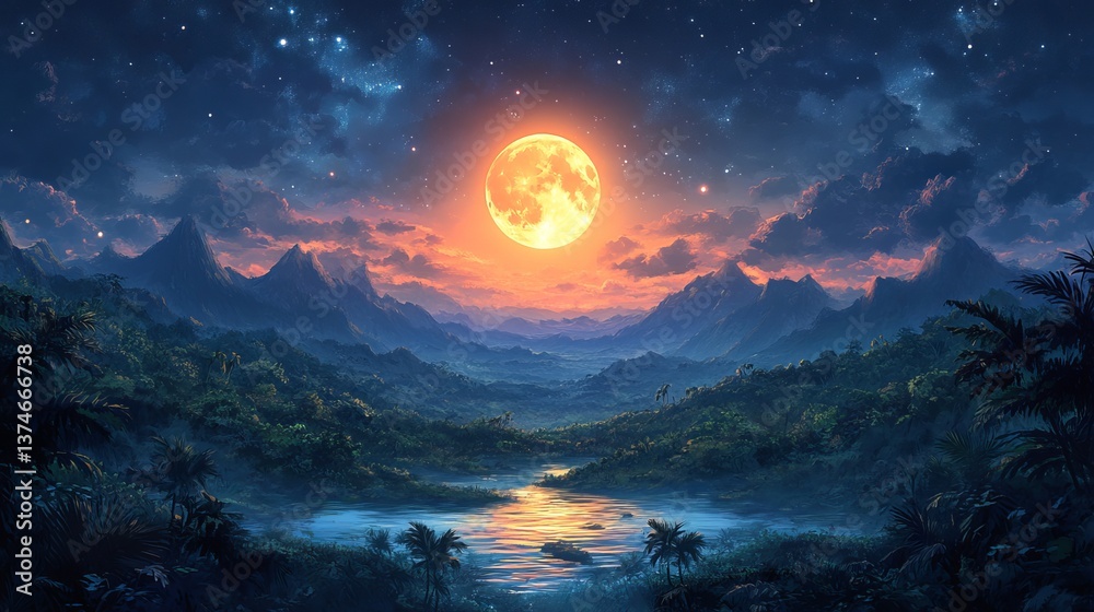 Naklejka premium Moonlit landscape painting serene nature scene with mountains trees and river art wallpaper background