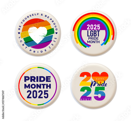 Badges lgbt pride 2025 logo. Set of Badge logo with lgbt rainbow flag heart. Template creative vector element for pride month logo. Design square banner, poster, social media, post.
