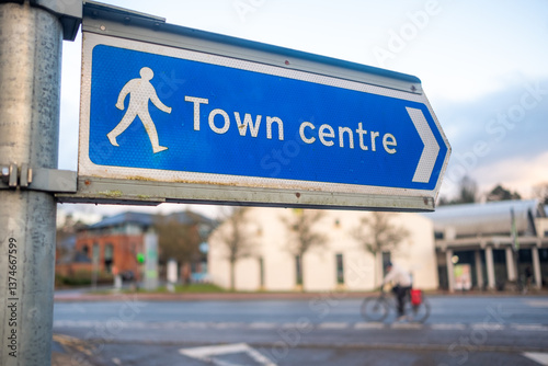 UK- Town Centre sign post. Directions towards local shops and services