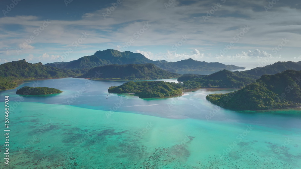 Breathtaking aerial landscape, turquoise ocean water coastline with multiple lush green islands. Jungle rainforest mountains under blue sky, perfect wild nature travel background. Bora Bora lagoon Breathtaking aerial landscape, turquoise ocean water coastline with multiple lush green islands. Jungle rainforest mountains under blue sky, perfect wild nature travel background. Bora Bora lagoon