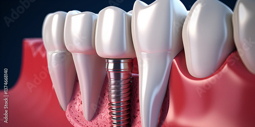 Detailed cross-section illustration of a dental implant embedded in a jawbone...