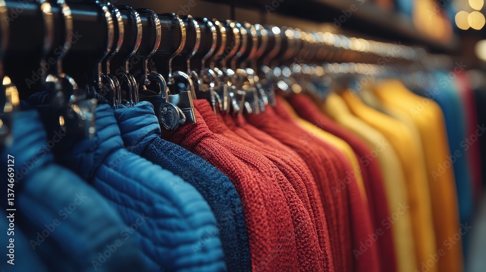 Obraz premium Colorful fashion display showcasing vibrant sweaters in a stylish store during the evening