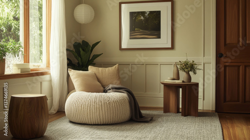 Wallpaper Mural Domestic and cozy interior of living room with mock up poster frame, design pouf, gray carpet, decoration, wooden side table and beige accessories. Creative home decor. Template.  Torontodigital.ca